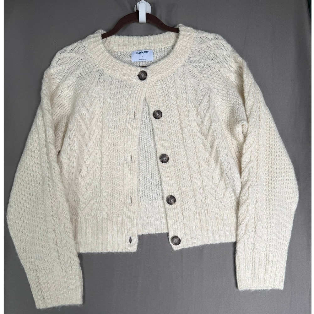 Old Navy Womens Cream Cable Knit Button Front Cropped Cardigan Sweater Medium